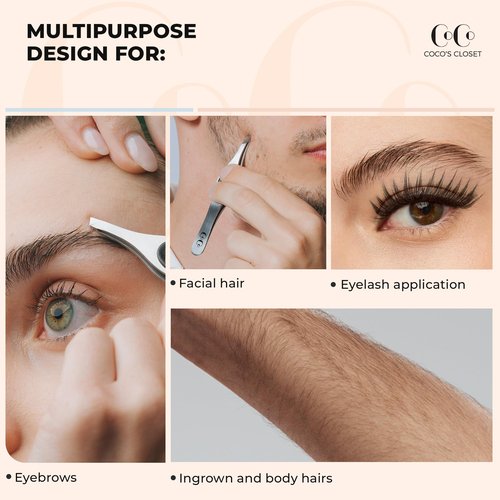 Cocos Precision Tweezers for Women Facial Hair - Stainless Steel Tweezers for Women and Men - Ideal for Eyebrow Shaping and Ingrown Hair Removal - Slanted Tips, Durable and Ergonomic Grip Design