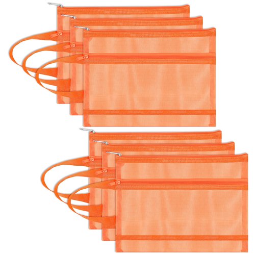 Fassave 6 Pack Mesh Zipper Pouch Bags, Double Layer Nylon Pouch with Handle for Office Travel Organization (Orange, A5)