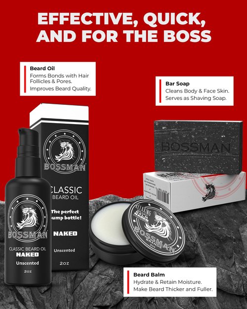 Bossman Starter Beard Kit for Men – Beard Oil (2 oz), Beard Balm & Bar Soap – Natural & Organic Grooming Kit – Made in the USA Men Gift Set (Naked – Unscented)