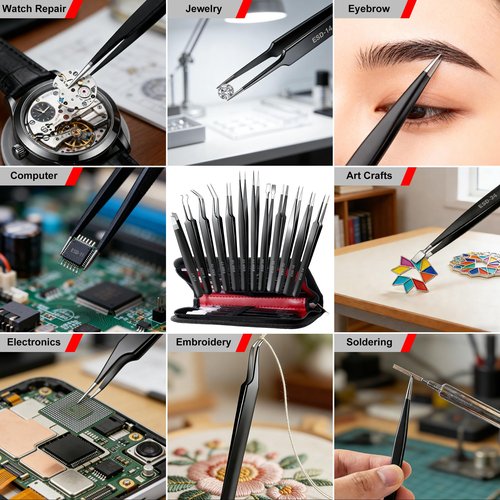 Antonki 12 Pack Precision Tweezers Set for Craft, Soldering, Jewelry, Facial Hair, Eyebrow, Ingrown Hair Removal, Eyelash Extension- with Case