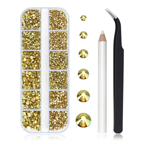 Briskbloom 4080PCS Nail Art Rhinestones Kit Gold Flatback Crystal Gemstones for Manicure Crafts Shoes Clothes Decoration, 1.5-4.8MM 6 Sizes SS4-SS20 with Wax Pen and Tweezers, Metal Sunlight