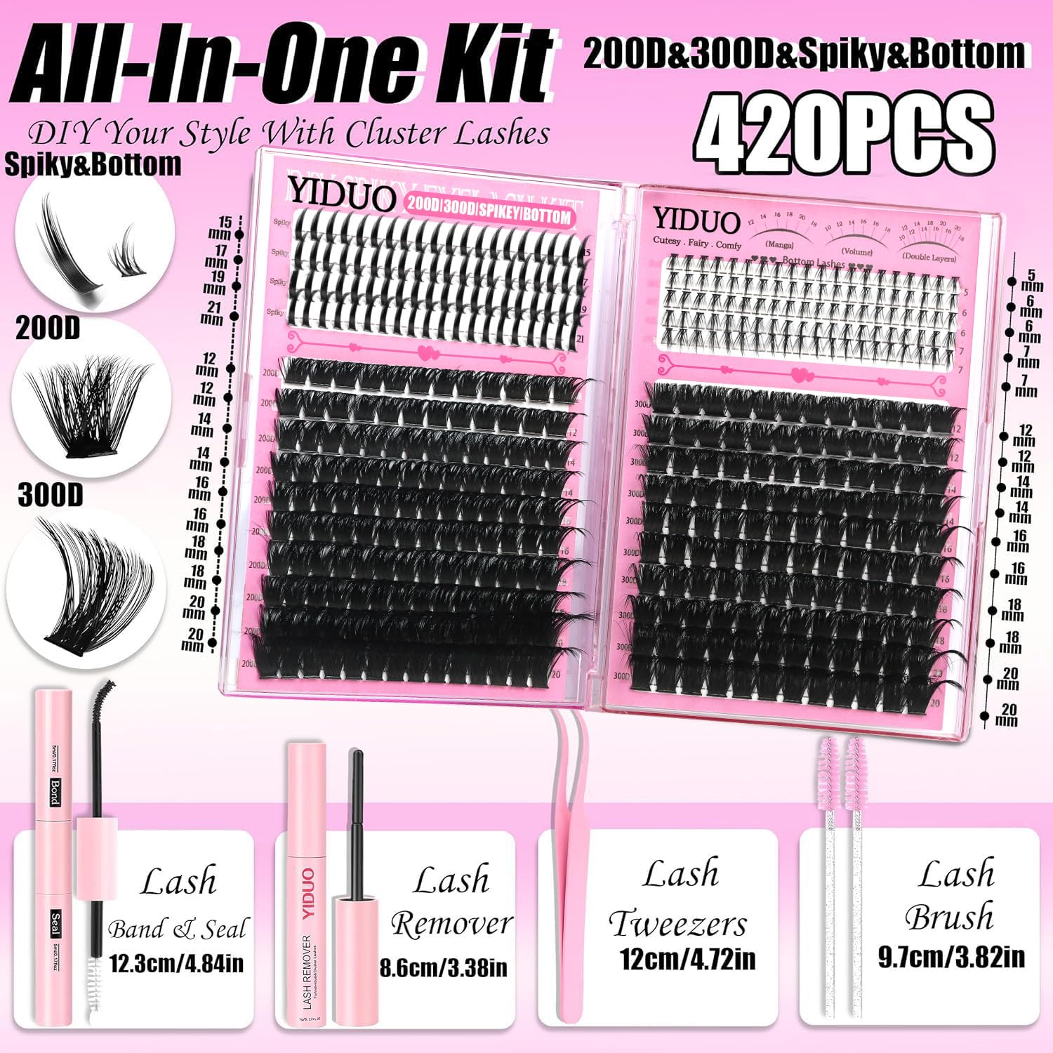 YIDUO Lash Clusters Kit 200D+300D+Spikes+Bottom Cluster Lashes Extensions Kit with Lash Bond and Seal |Tweezers |Removers |Eyebrow Brush (200D+300D-10-18MIX Thick Kit)