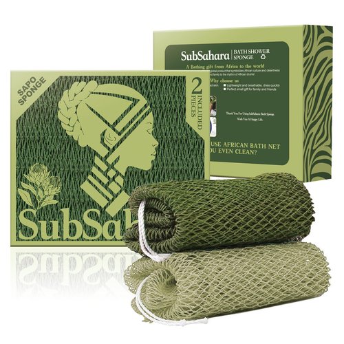 SubSahara Authentic African Net Sponge - 2 Pack Exfoliating Bath & Shower Loofah Sponge for Body & Face, Gentle Scrubber for All Skin Types, Travel, Durable (Olive Green & Light Green)