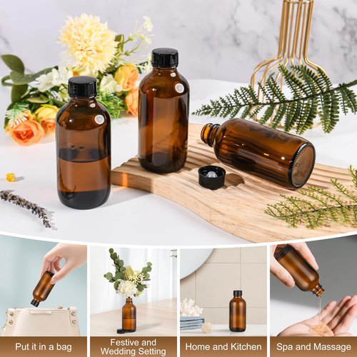 Exlvanto Small Glass Bottles with Lids Boston Round Shot Bottles for Health, Immunity, Ginger Juice, Essential Oils, Potion - Leak Proof Mini Travel Containers (Amber UV, 4oz-12Pack)