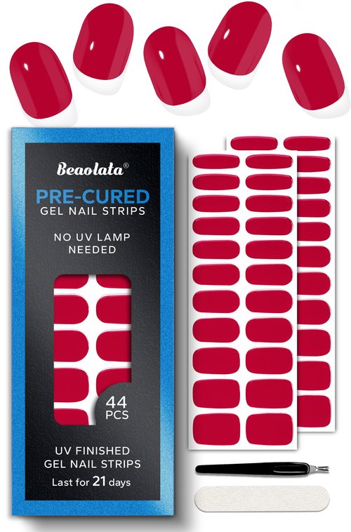 Beaolata Real Gel Nail Strips (No UV Light Needed) - 44Pcs Salon Quality Nail Stickers - Long Lasting Polish Wraps for Women, Easy Apply & Remove (Parisian Red