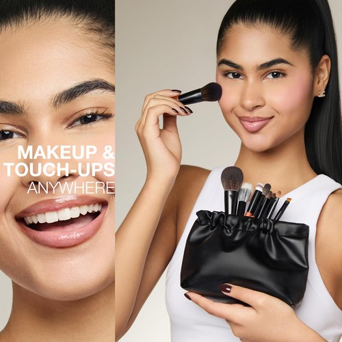 Cosme 9 FULL FACE MINI Short Handle Makeup Brush Set & Case - Small Travel Size Powder, Blush, Concealer, Brow, Eyeliner, Eyeshadow Miniature Make Up Brushes for Home, Purse, Office, Gym, Vacation