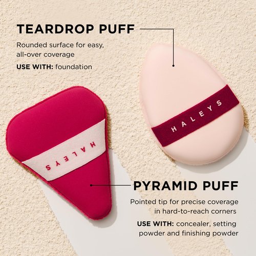 HALEYS Dual-Sided Powder Puff 2 Pack, 2 Full Size plush and sponge sides, Reversible Elastic Bands, Streak-Free, Easy Blending, 2 Shapes for Powder, Liquids, Creams, Washable & Reusable, Cruelty-Free