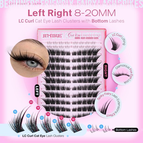 JIMIRE Wispy Lash Clusters Fairy Eyelash Clusters with Spikes 8-20MM LC Curl Cat Eye Cluster Eyelash Extensions with Bottom Lashes Clusters DIY Fox Eye Individual Lashes at Home 116Pcs Pack