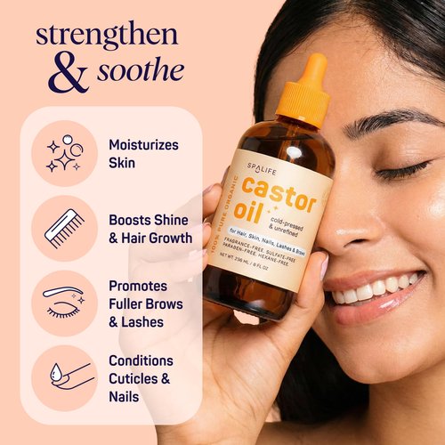 SpaLife Organic Cold Pressed Castor Oil for Face, Brows, Hair, Skin, Nails, & Lashes | Hexane Free Cold Pressed Castor Oil & 2x Brow Brushes, 2x Lash Line Applicators, and Dropper | 8 FL OZ
