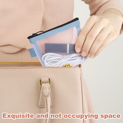 BEIQIYA 3pcs Mini Mesh Bag with Zipper, Small Clear Nylon Makeup Bags, Portable Travel Cosmetic Pouch Purse for Lipstick Coin Keys Cards- Blue & Pink & Green