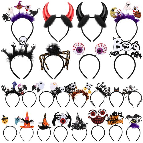 Lyrow Halloween Headbands Bulk for Women Halloween Witch Hat, Spiderweb, Bat, Ghost, Eyeballs, Boo Headwear Photo Booth Props for Women Adult Cosplay Costume(24 Pcs,Classic Style)