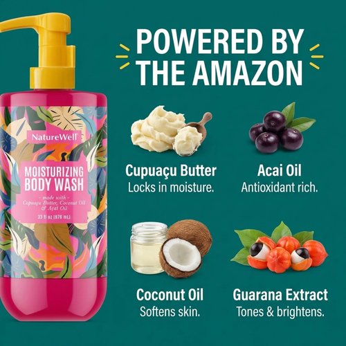NATURE WELL Cheeky Moisturizing Body Wash, Creamy Formula Infused with Cupuaçu Butter, Provides Gentle Cleansing & Intense Hydration, Deliciously Sweet & Warm Brazilian Nut Oil Scent, 33 oz