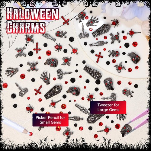 Halloween Nail Charms and Gems, Mixed Cross Spider Skull Hands Tombstone Dark Ghost Alloy Punk Halloween Charms for Nails, Black Red Gems Rhinestones for Acrylic Nail Art DIY Supplies