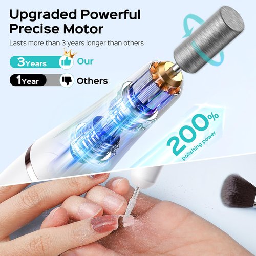 COSLUS Cordless Nail Drill Electric C41(END04): 2-in-1 Nail File with Flash Cure for Acrylic Gel Dip Powder Nails, Stepless Control for Beginner Home DIY, Portable & Professional Pedicure Kit