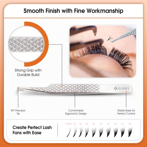Glory 90 Degree Angle Lash Tweezers for Eyelash Extensions – Precision Fiber Tip Diamond Grip Stainless Steel Lash Tool for Mega Volume, Classic & Professional Lash Tech Supplies