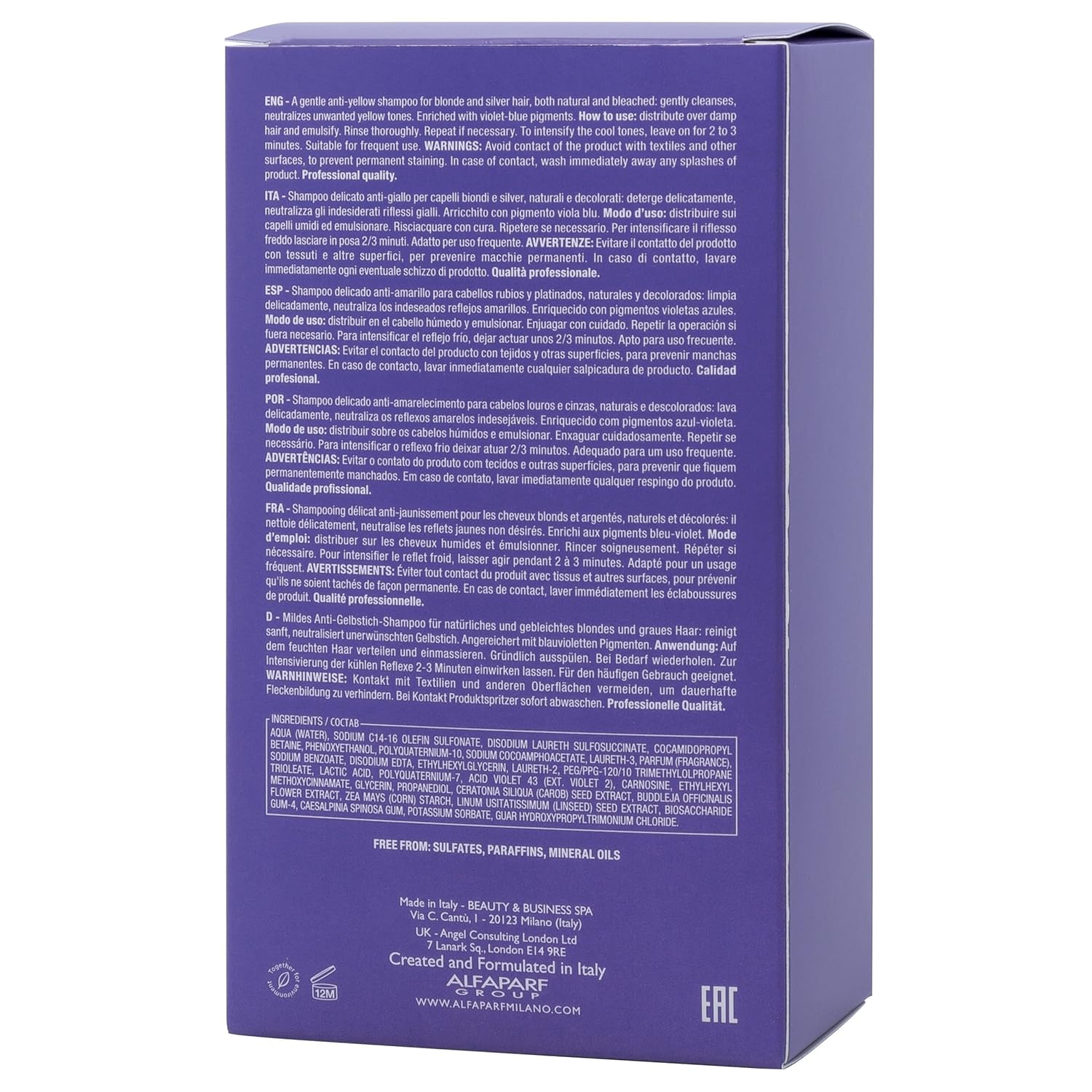 ALFAPARF MILANO Purple Shampoo - Neutralizes Brassy Tones for Blonde & Silver Hair - Hydrating & Strengthening Formula