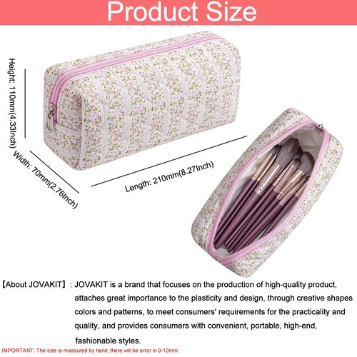 JOVAKIT 2Pcs Makeup Bag Quilted Cosmetic Bag for Women Girls, Floral Coquette Cotton Toiletry Zipper Make Up Pouch, Travel Storage Organizer Pouch (Pink Floral)