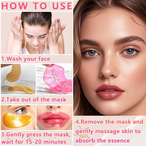 TIRDET 40 Pairs Lip Mask & Eye Mask, 24K Gold Gel Crystal Collagen Under Eye Patches for Puffy Eyes, Dark Circles, Bachelorette Party Favors, Wrinkles and Fine Lines, Galentines Day Gifts