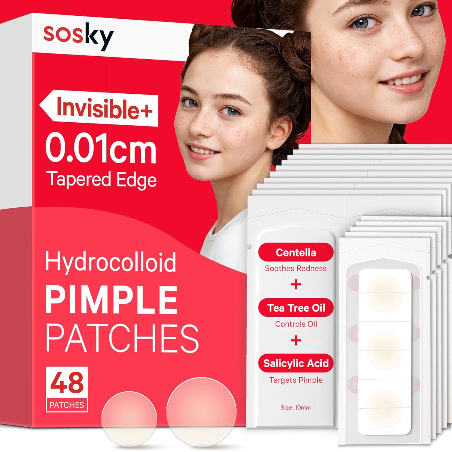 Sosky Pimple Patches - Invisible Hydrocolloid Acne Stickers with Salicylic Acid | 48 Count for Clear Skin