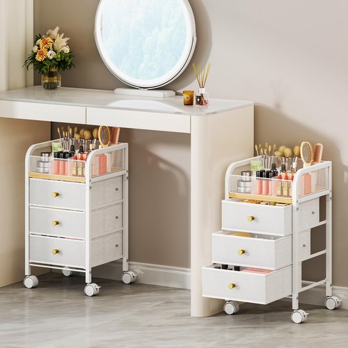 SWTYMIKI Rolling Makeup Organizer Cart - Floor Skincare Make Up Storage with 3 Non-woven Drawers, Vanity Organizer Cosmetic Display Cases Cabinet for Skin Care Perfume Nail Polish Brush Hair Tool