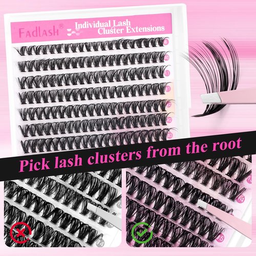 FADLASH Lash Clusters Kit 280PCS Individual Eyelash Clusters D Curl 8-16mm Eyelash Extension Kit with Lash Bond and Seal Lash Tweezer for Beginners (40D-0.07D-8-16mm KIT)