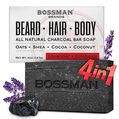 Bossman 4-in-1 Charcoal Soap Bar - All-Natural Beard Wash, Shampoo, Body Wash & Shaving Solution | 4 oz, Lavender & Patchouli Scent
