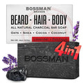 Bossman 4-in-1 Charcoal Soap Bar - All-Natural Beard Wash, Shampoo, Body Wash & Shaving Solution | 4 oz, Lavender & Patchouli Scent