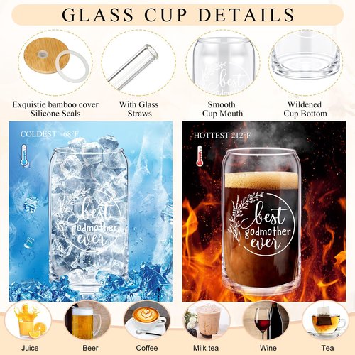 Nuanchu 5 Pcs Best Mom Gifts Sets 16OZ Glass Cup with Bamboo Lids and Straw Makeup Bag Scented Candles Greeting Card Mother's Day Gift Box from Daughter Son(Godmother)