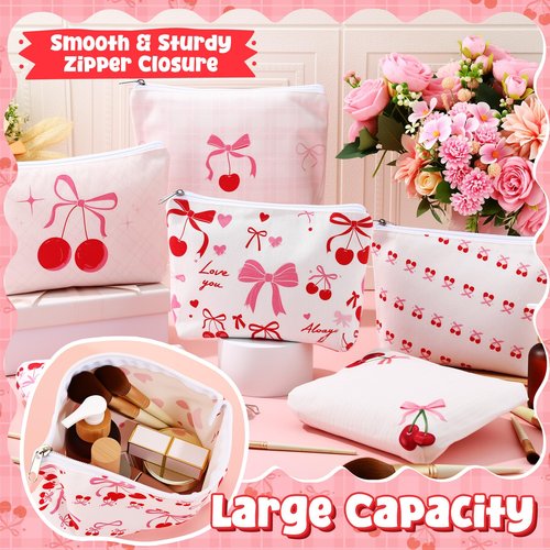 Kacctyen 12 Pcs Pink Cherry Bow Coquette Makeup Bag Cute Bow Canvas Cosmetic Bag International Womens Day Gifts for Women Girl with Zipper Aesthetic Travel Pouch Birthday Party Favor