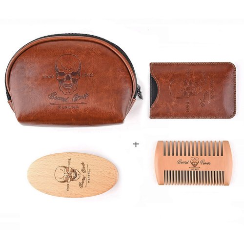 Menesia Beard Brush and Comb Set, Boar Bristle Hair Beard Brush Kit with Small Leather Travel Toiletry Bag Case for Men, Include Men's Wooden Mustache Comb