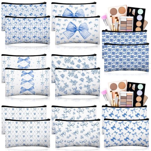 16 Pcs Bow Makeup Bags Bulk for Women Blue Coquette Aesthetic Preppy Cosmetic Bags Bow Floral Canvas Toiletry Bags Aesthetic Travel Zipper Pouches for Bridesmaids Wedding Party Favors Supplies