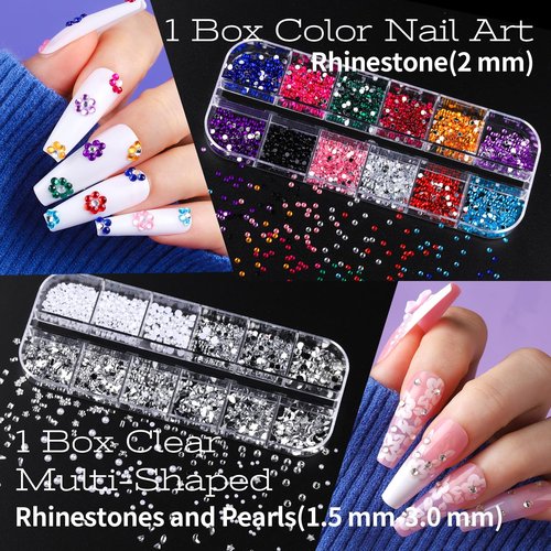 Teenitor Nail Charms and Nail Art Tools Set, Nail Art Kit with 5 Boxes of 3D Nail Charms and Gems Rhinestones, 15 Pcs Nail Art Brushes, 5 Pcs Nail Dotting Tools, 2 Set of Nail Stand