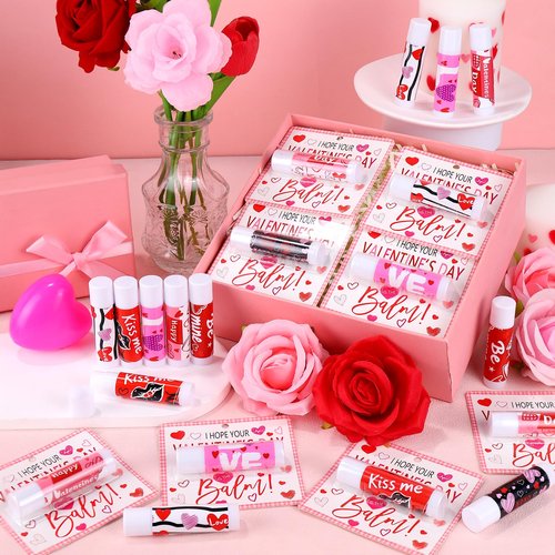 QAUYETM 30 Pcs Valentine Lip Balms Bulk Valentine's Day Gifts for Women Galentines Chapstick Gloss 6 Assorted Flavors for Wedding Bridal Shower Birthday Party Favours