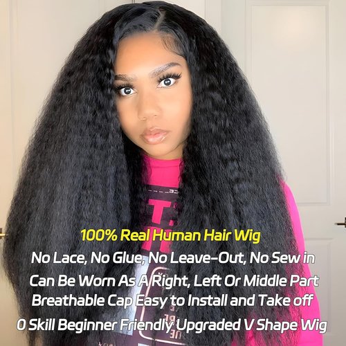 Prtyopp V Part Wig Human Hair Kinky Straight Vpart Human Hair Wig Upgrade U Part Wig Yaki Straight Clip in Half Wigs for Black Women Glueless No Leave Out 180% Density Natural Color 12 Inch