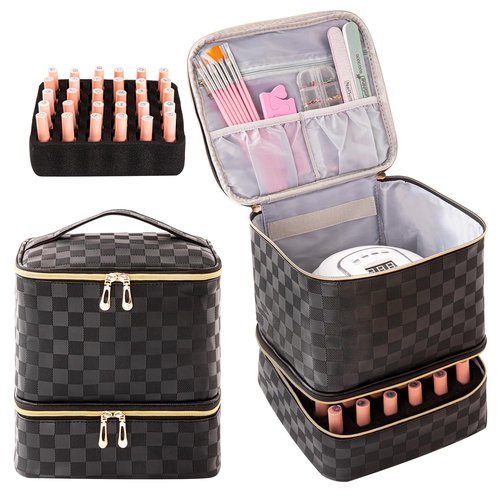 AGX Bravo Nail Polish Organizer Bag Holds 30 Bottles & Nail Lamp Gel Nail Polish Storage Organizers for Nail Tech Carrying Case Manicure Kit Supplies Bag, Checkerboard Black (BAG ONLY)