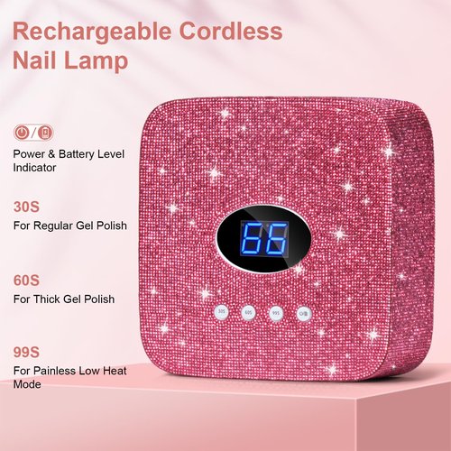 Ludysic Cordless UV Nail Lamp, 54W Rechargeable UV Light for Gel Nails, Nail Dryer with 3 Timer Modes, Professional Quick Dry Curing Lamp for Salon & Home (Red Diamond)