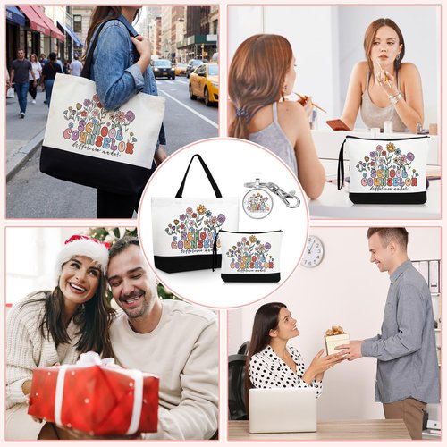 Kacctyen Employee Thank You Gifts Sets Canvas Tote Bag Makeup Cosmetic Bag Appreciation Keychains for Coworker Staff Women(3 Pcs,School Counselo)