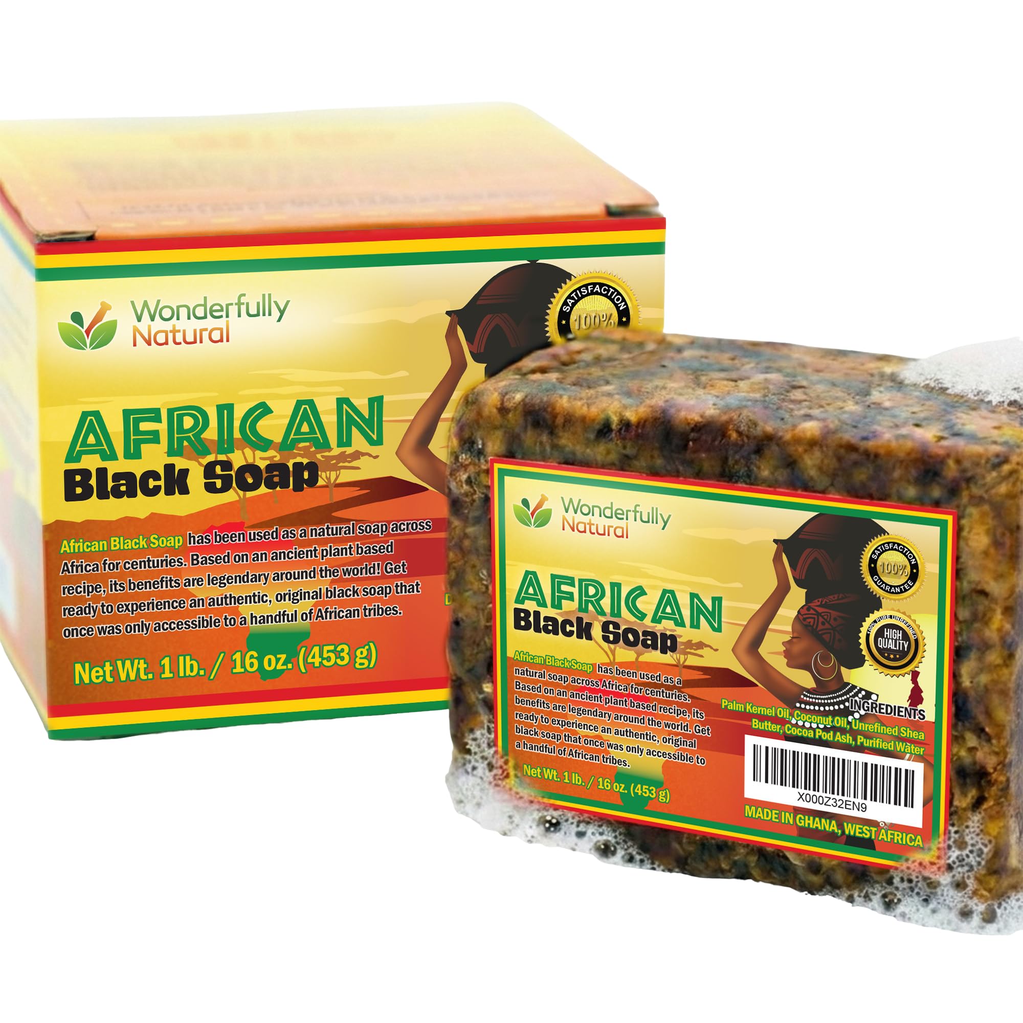 Wonderfully Natural #1 African Black Soap for Acne & Dark Spots | Organic Vegan Satisfaction Guarantee | 1lb bar 90 day Supply