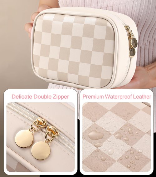 HFLZBRO Valentines Day Gifts for Her,Travel Makeup Bag Cosmetic Bag for Women,Small Makeup Organizer Bag,Cute & Waterproof Vegan Leather Makeup Case with Multiple Compartments (BROWN)
