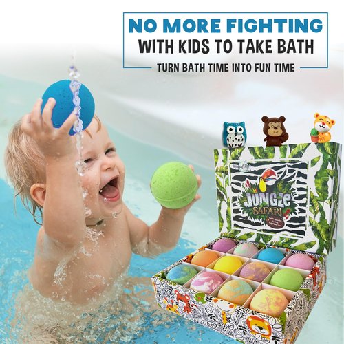 Bath Bombs for Kids with Surprise Inside, 12 Bubble Bath Fizzies with Jungle Animal Toys. Moisturizing, Gentle & Kids Safe, Rainbow Spa Bath Fizz, Birthday Gift Easter Basket Essentials for Boy Girls