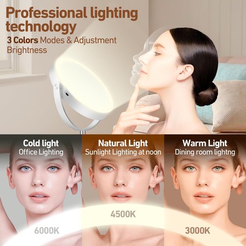 MOMOKUBA Magnifying Mirror with Light 20X, Height-Adjustable Lighted Makeup Mirror with Magnification, Double-Sided Aluminum Alloy LED Mirrors, 3 Lighting Modes Ideal for Bathroom Make-up, Silver