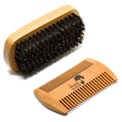 Beard Brush & Comb Set for Men - Natural Boar Bristle Brush, Dual Action Pear Wood Comb, Gift Box & Travel Pouch. Enhances Growth & Styling with Balm Oil Distribution by The Beard Black (Black)
