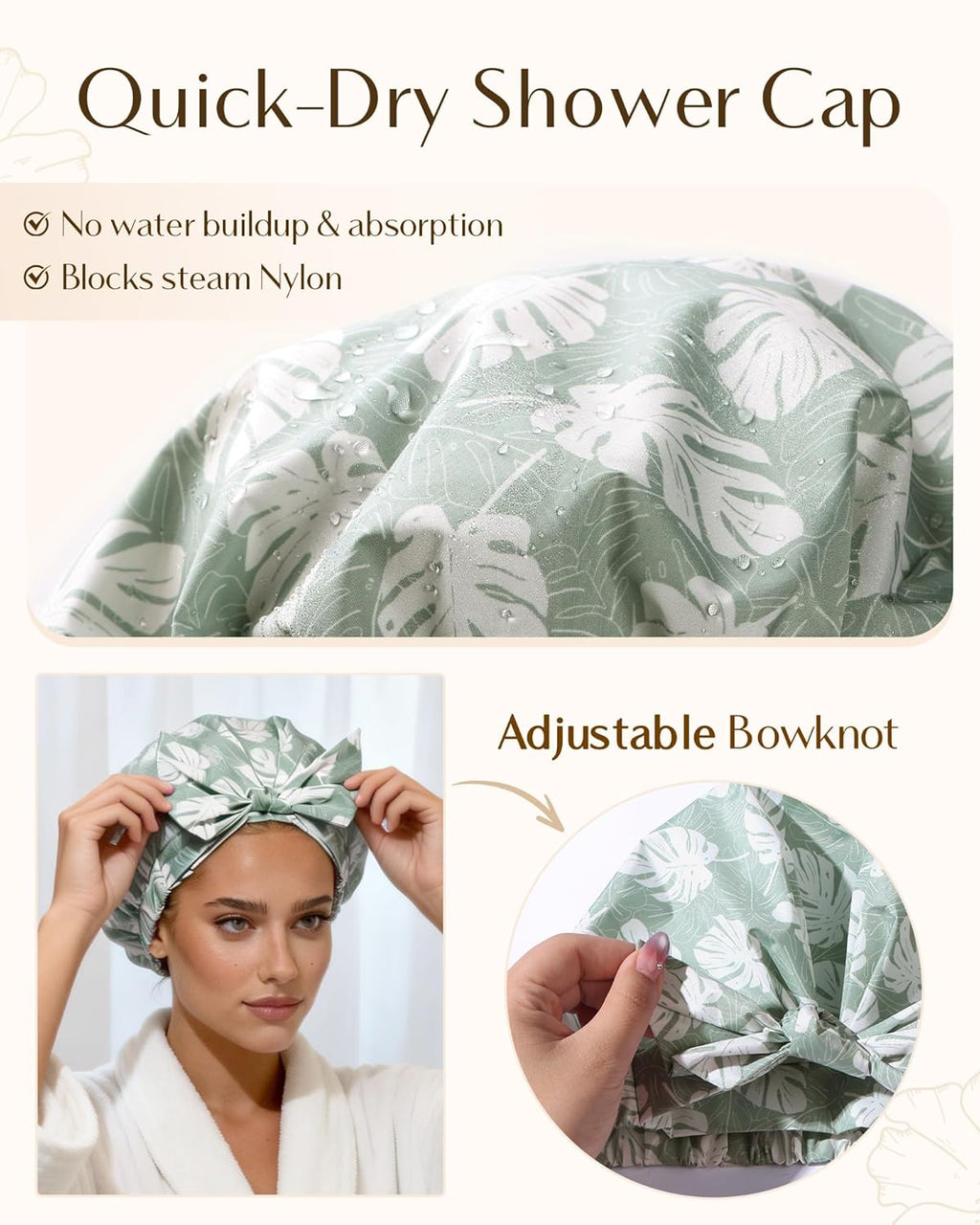 Yanibest Waterproof Shower Cap for Women - Reusable Adjustable Non-Slip Bath Hat for Long Hair | Green