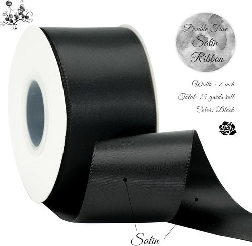 Black Ribbon 2 Inch Double Face Satin Ribbon - Thick Wedding & Craft Decor | 25 Yards