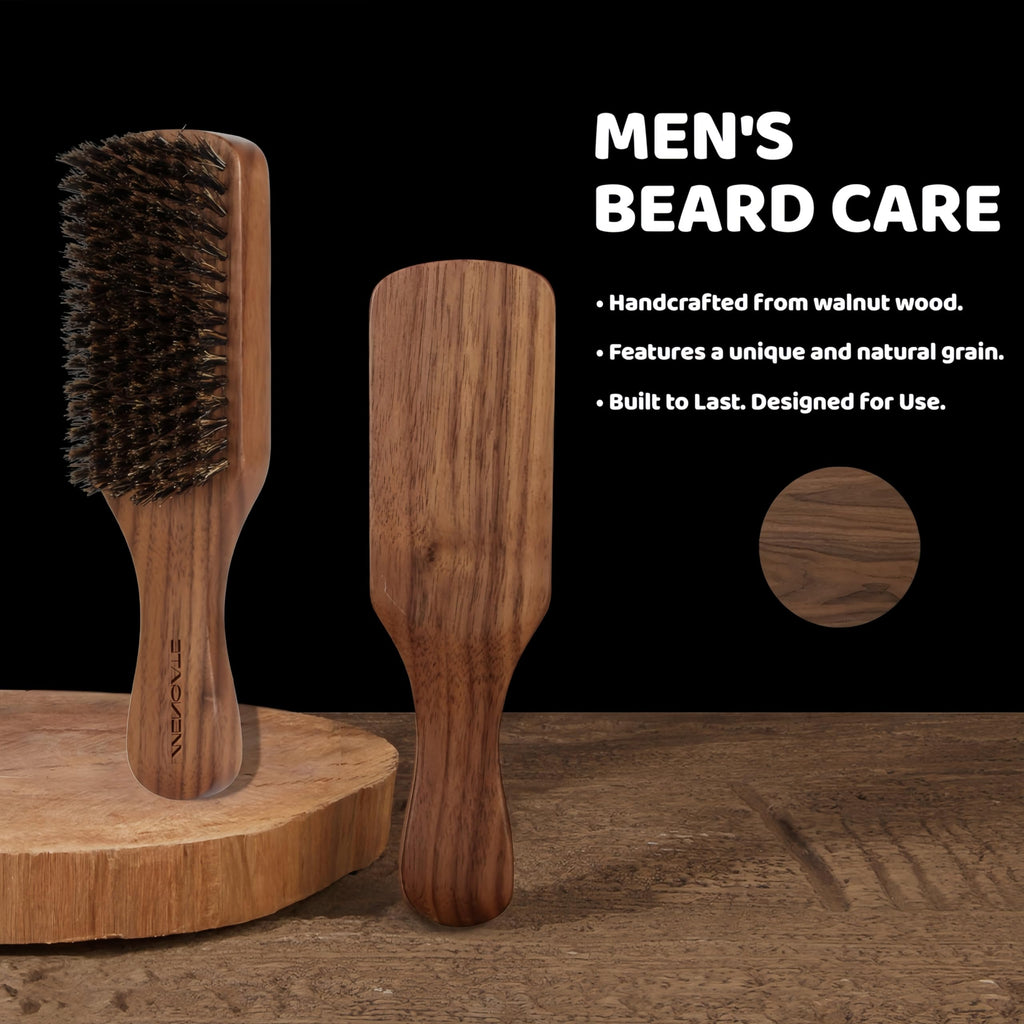 Walnut Wood Boar Bristles Beard Brush Kit for Men, Beard Grooming & Hair Styling Quiff, Pompadour, Slicked-back, Undercut, Straightens & Promotes Beard Growth - Works with Beard Oils and Balms