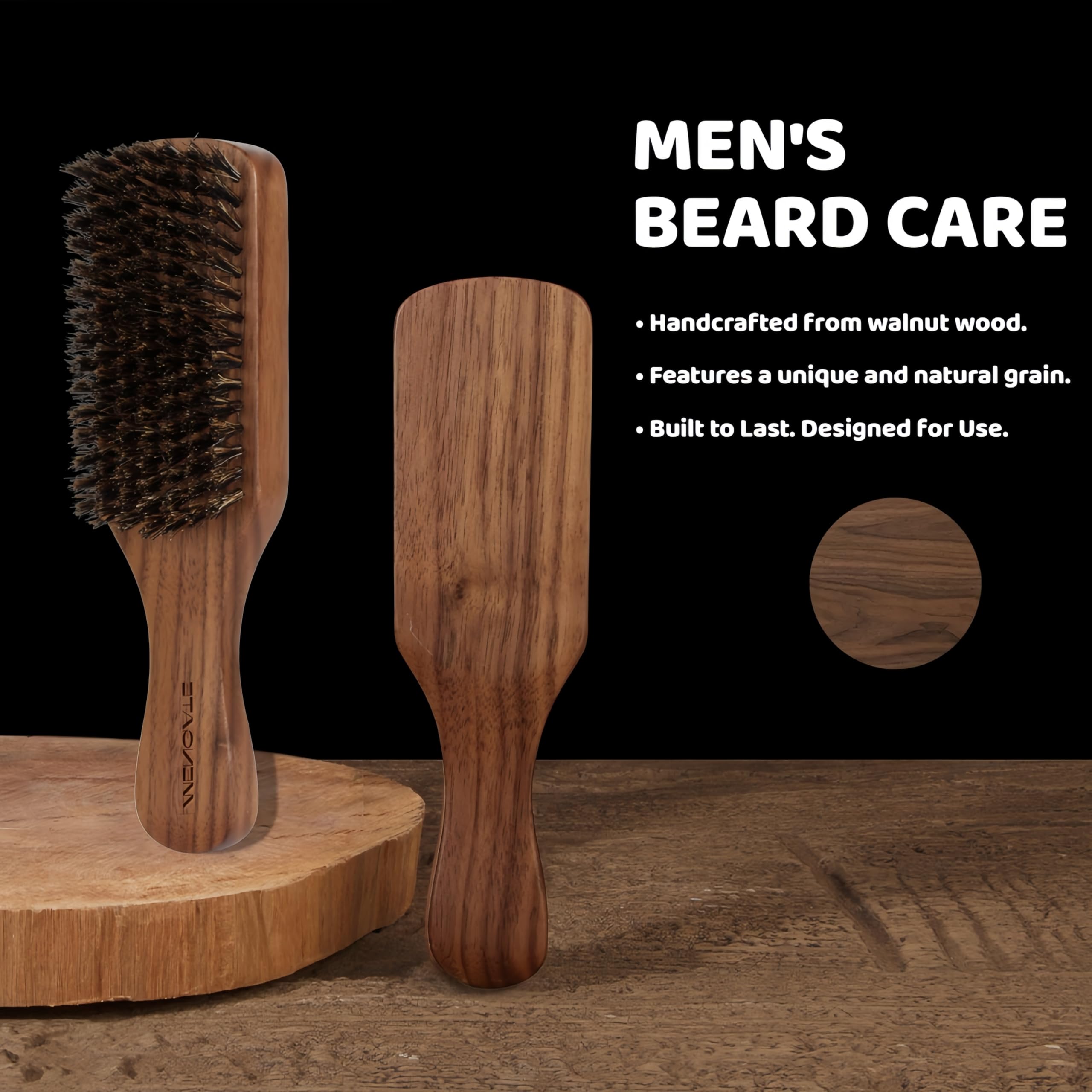 Walnut Wood Boar Bristles Beard Brush Kit for Men, Beard Grooming & Hair Styling Quiff, Pompadour, Slicked-back, Undercut, Straightens & Promotes Beard Growth - Works with Beard Oils and Balms