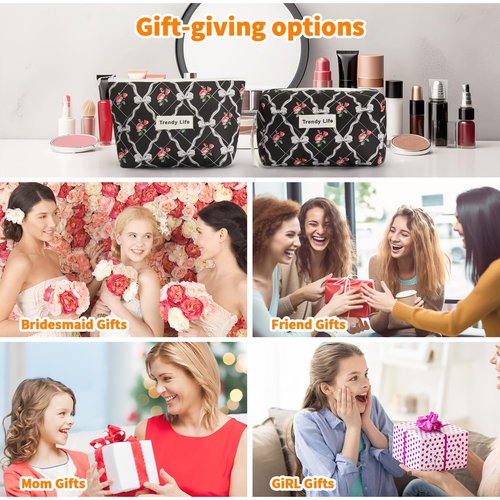 HAOGUAGUA 2 Pieces Makeup Bag, Small Large Quilted Cosmetic Bag, Travel Floral Make Up Toiletry Organizer Bag for Women Girls (2PCS STYLE A-5)