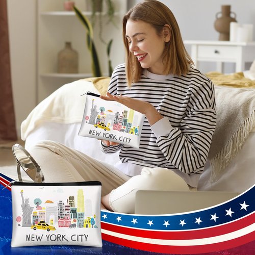 Landical 6 Sets New York Souvenir Gifts Include 6 Pcs New York Cosmetic Bag and 6 Pcs Metal Keychain for Women Traveler Christmas Party Gifts