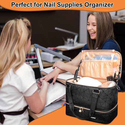 ahzske Nail Polish Organizer Bag Holds Nail Lamp& 50 Bottles (15ml/0.5fl.oz), PU Leather Nail Supplies Organizer Case with Shoulder& Holder Strap, Travel Nail Kit Storage for Manicure Tools (Black)
