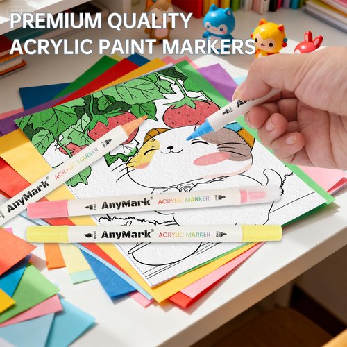 AnyMark 24 Colors Acrylic Paint Markers, Dual Tip Acrylic Paint Pens with Dot & Fine Tip, Premium Paint Markers for Coloring, Canvas, wood, Stone, Rock Painting, Glass
